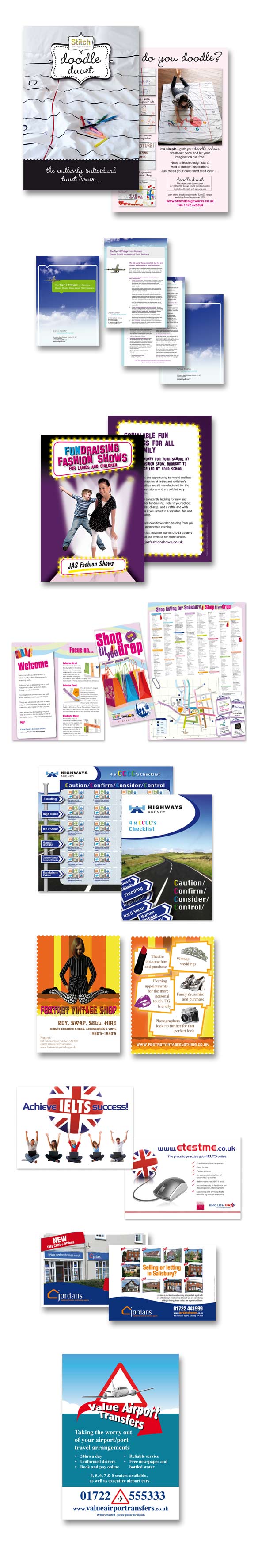 leaflet design, flyer design, report design, Andover, Amesbury, Salisbury, Solstice Park, Value Cars, Doodle Duvet, Jordans